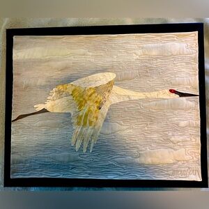 Flying Sandhill Crane fabric art wall hanging